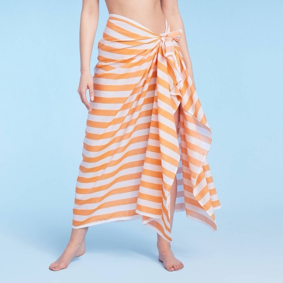 Women S Long Cover up Sarong - Shade & Shore Orange Striped One Size - Picture 1 of 1